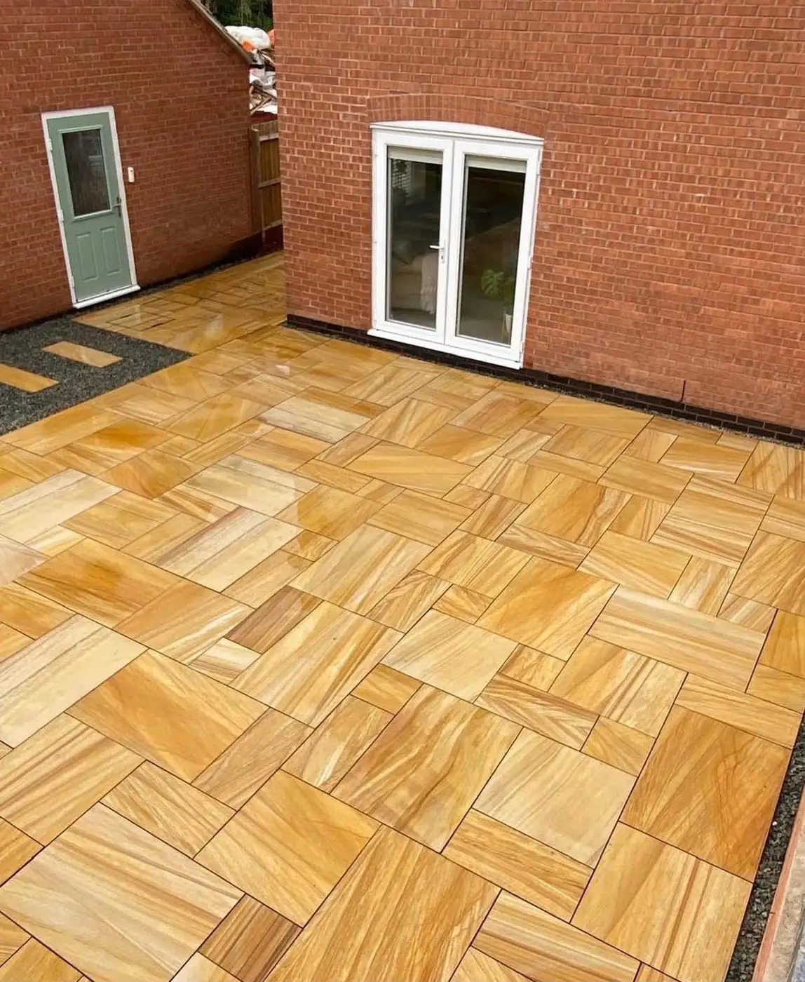 Sandstone patio in a parquet pattern